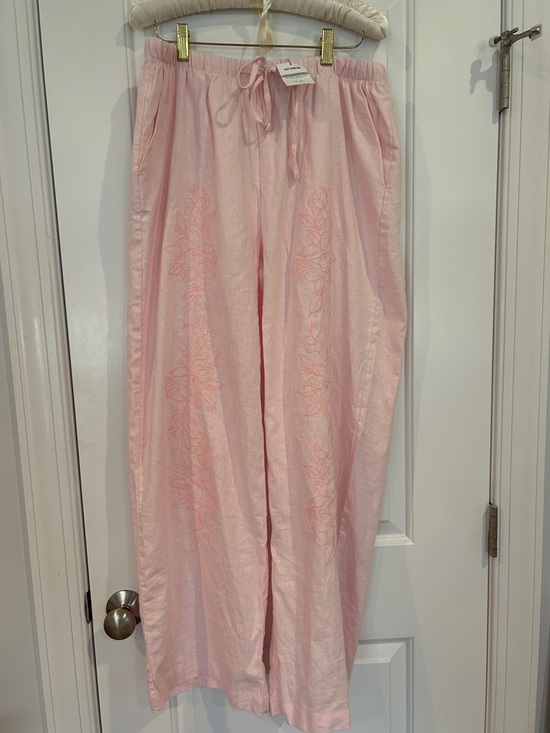 Cotton On Pants - Cotton On Light Pink Wide Leg Floral Embroidered Pants